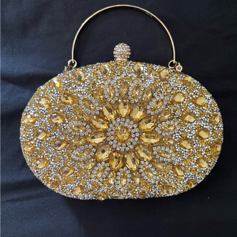 Gold Jeweled Oval Evening Clutch - Unbranded